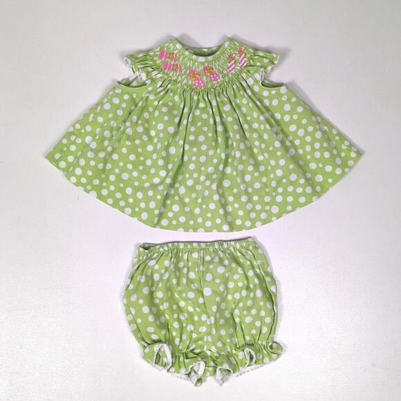 Amanda Remembered Outfit Baby Girl Sz 3m Green Polka Dot Sandal Smocked Boutique - Picture 1 of 6